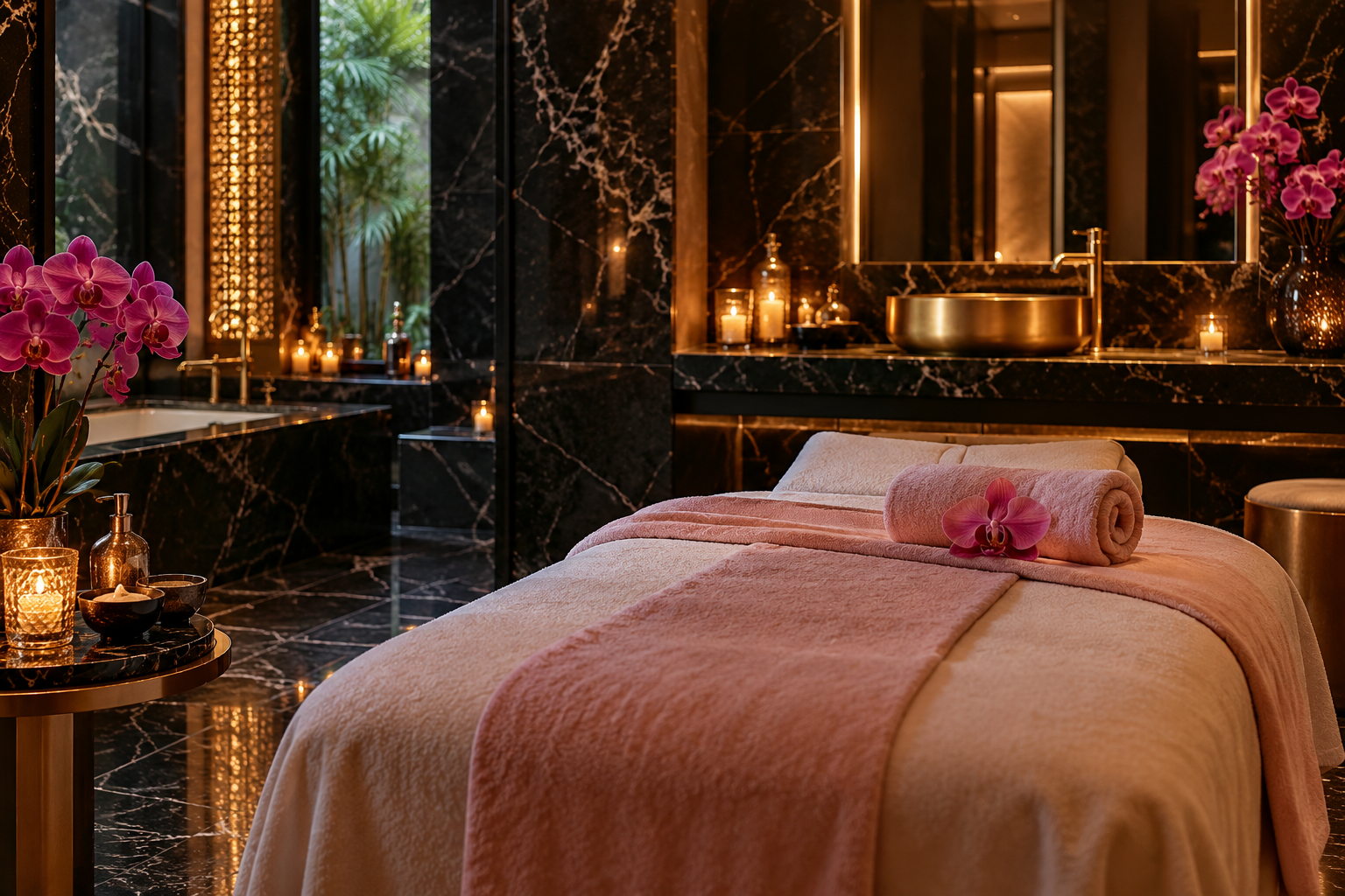 Candlelit spa sanctuary with blush towels, orchids and black marble